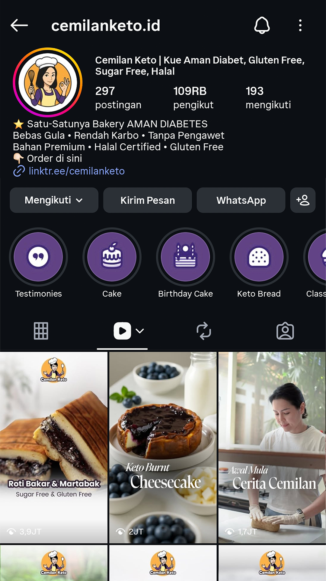 Screenshot akun Cemilan Keto