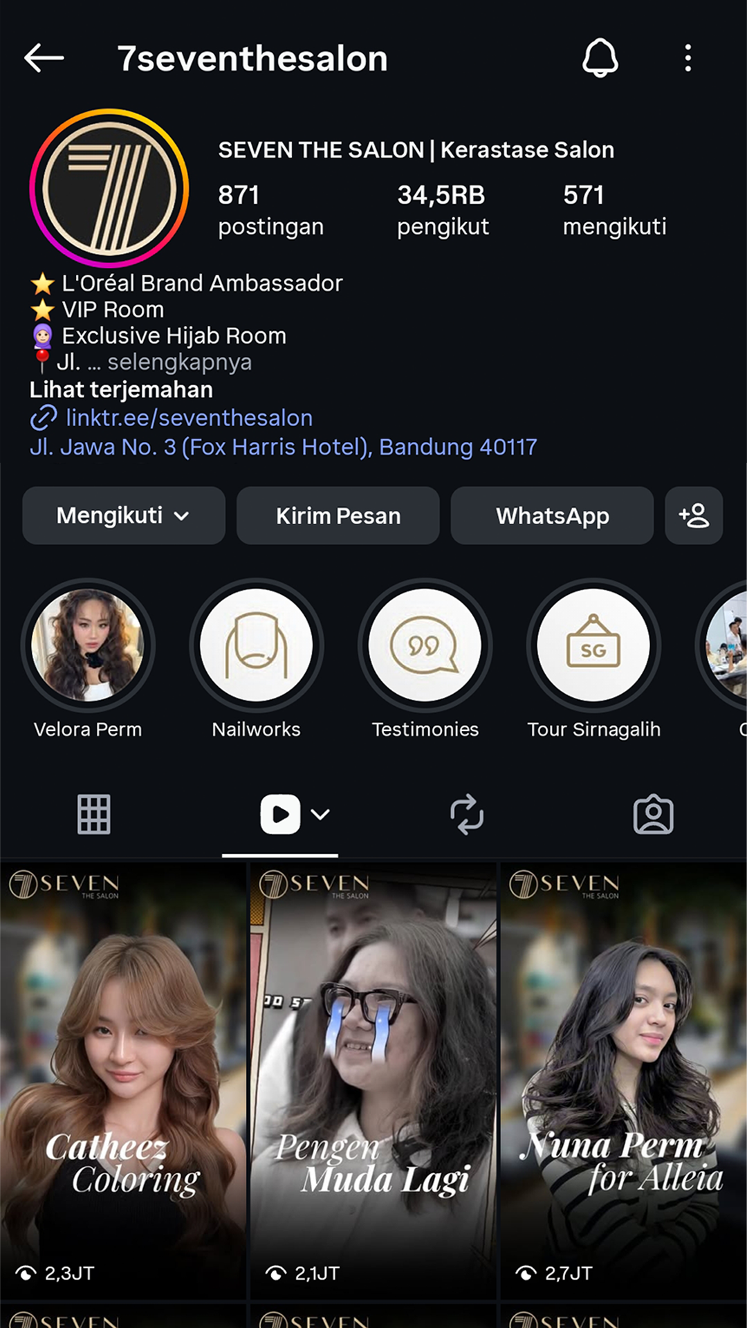 Screenshot akun Seven The Salon