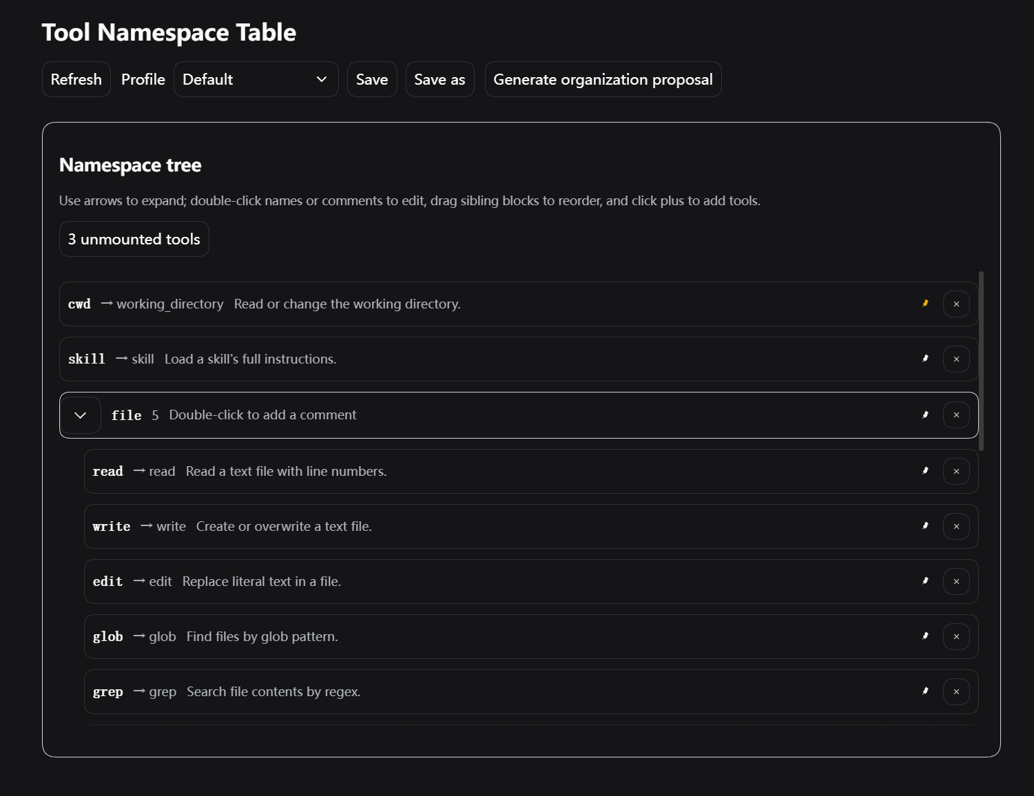 Tool namespace table with profile selection and tree editing