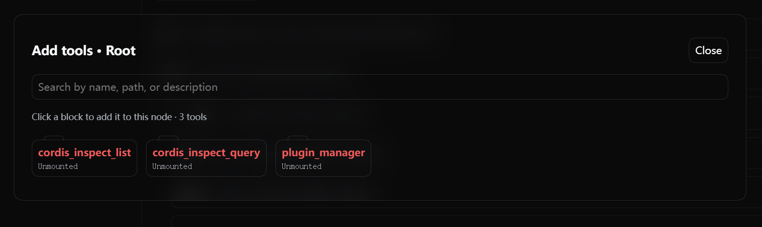 Unmounted tools picker with search and tool cards for the current node