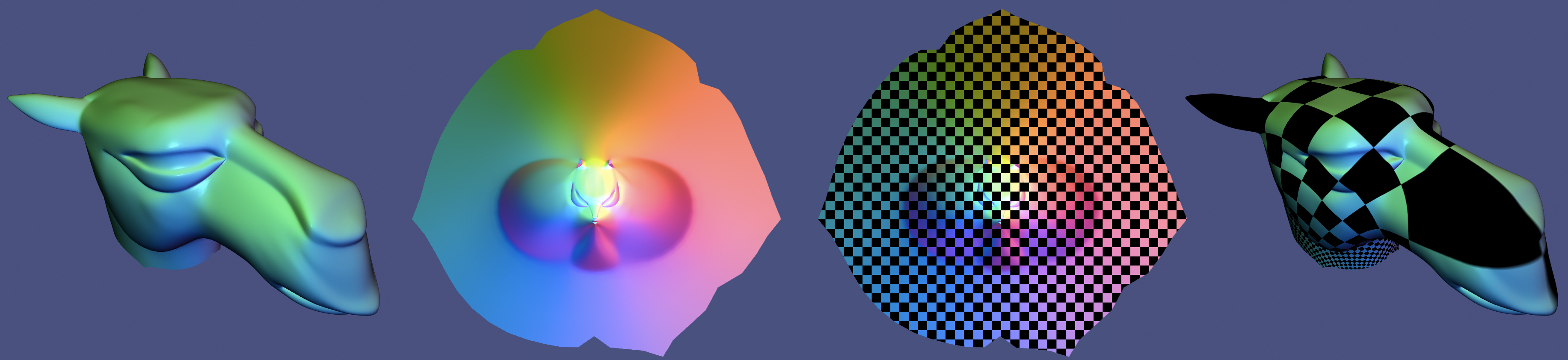 The entire camel head is parameterized inside the neck boundary. The area distortion for the face is extreme: in the parametric domain the face is tiny; the checkerboard on 3D face has enormous stretching.