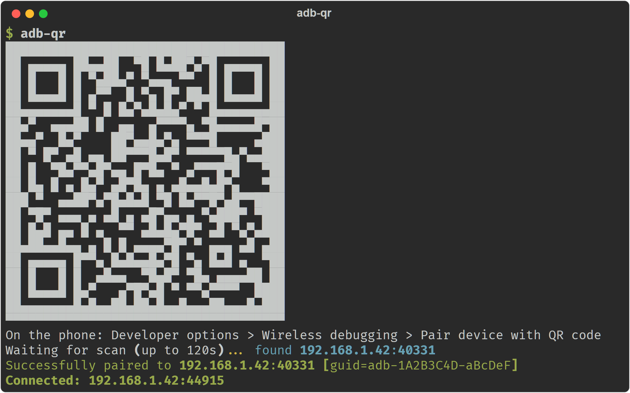 adb-qr pairing session