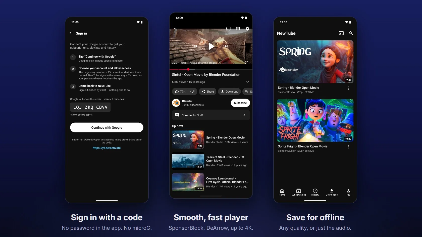 Three NewTube screens: the sign-in code, the watch page playing Sintel, and the Downloads tab