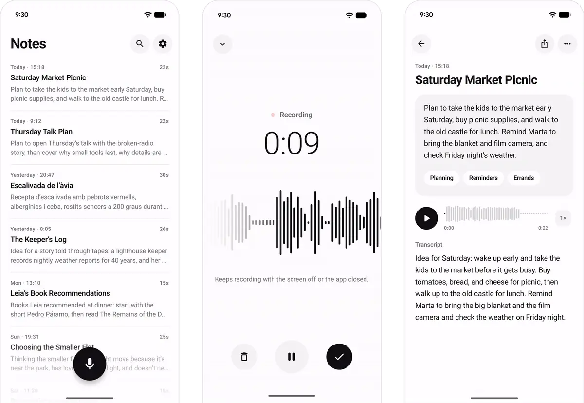 Three Quadern screens: a list of notes in English, Catalan and Spanish; the app in motion, recording a note and opening it; and a finished note with its title, summary and tags