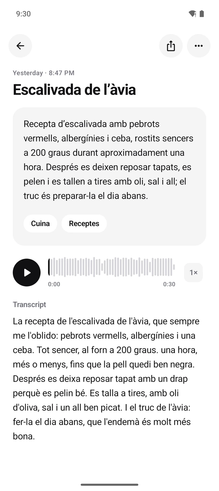 A note in Catalan: a grandmother's escalivada recipe, with summary and tags