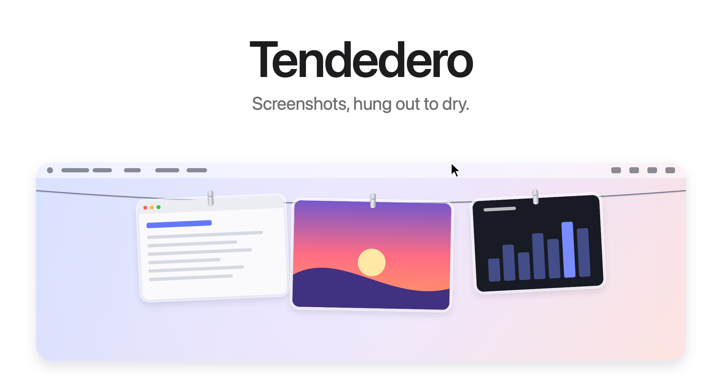 Tendedero. Screenshots, hung out to dry. Three screenshots in glass frames hang from a thin line under the macOS menu bar.