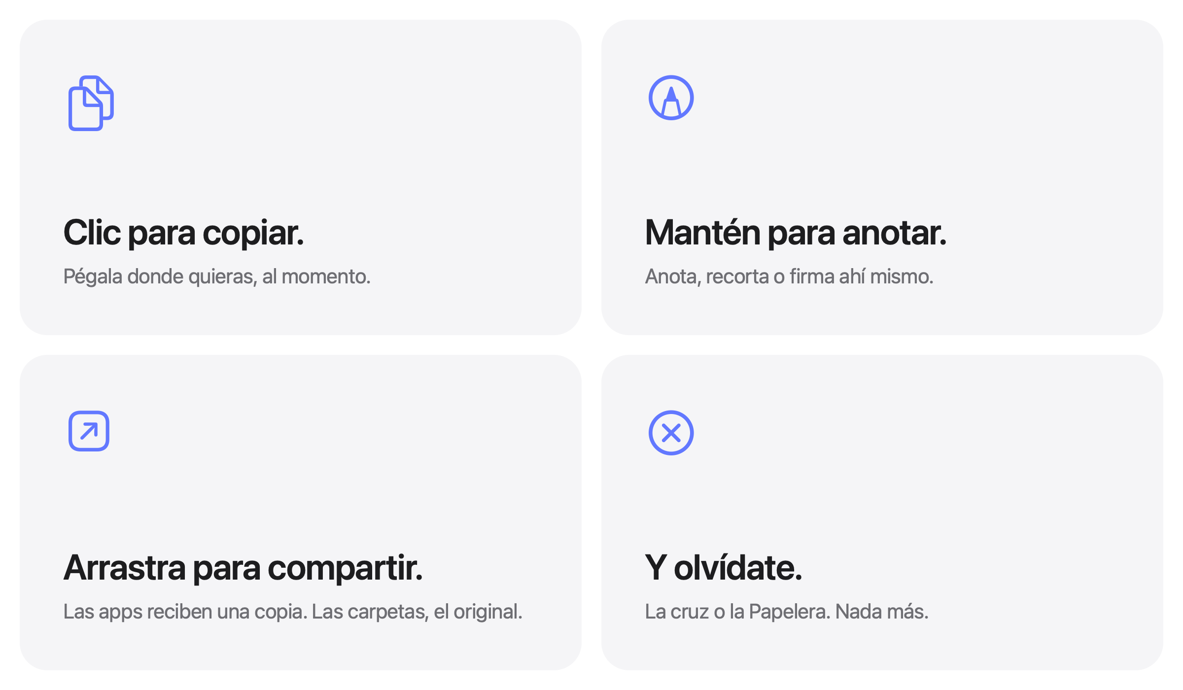 Clic para copiar. Mantén para anotar. Arrastra para compartir. Y olvídate.