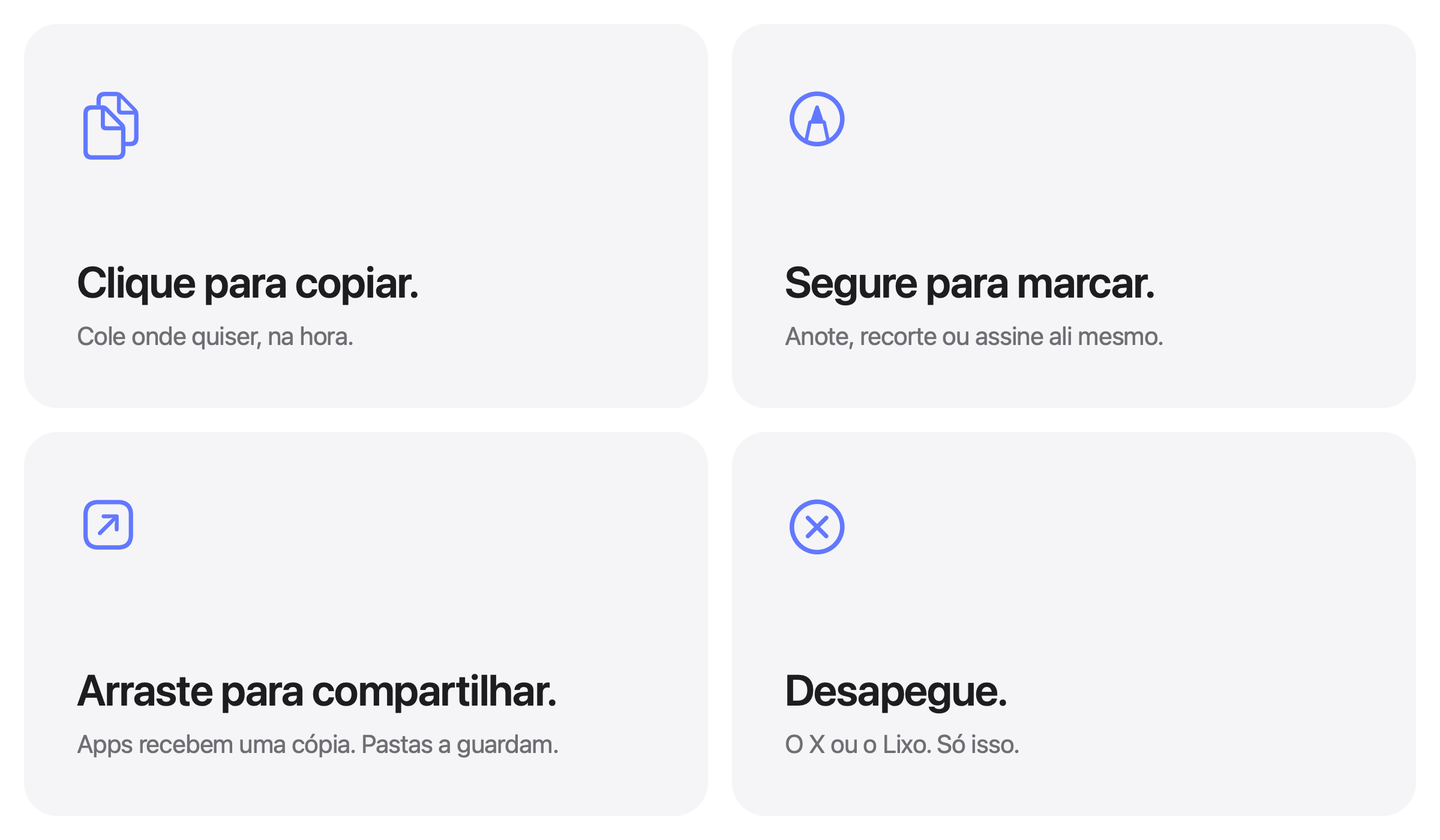 Clique para copiar. Segure para marcar. Arraste para compartilhar. Desapegue.