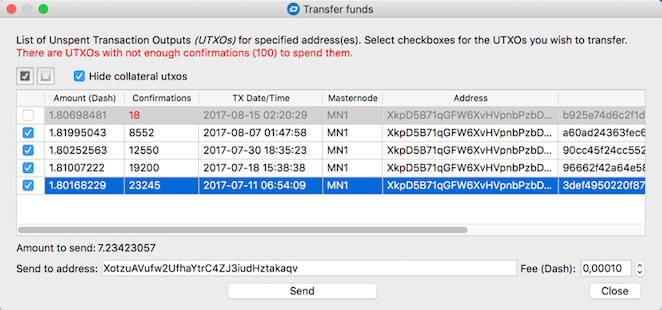 Transfer masternode funds window