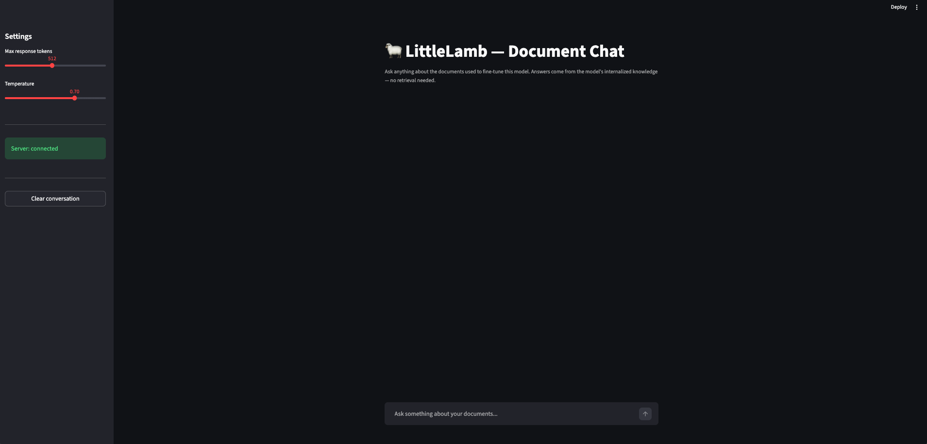 LittleLamb Document Chat — a Streamlit chat interface for querying the fine-tuned model