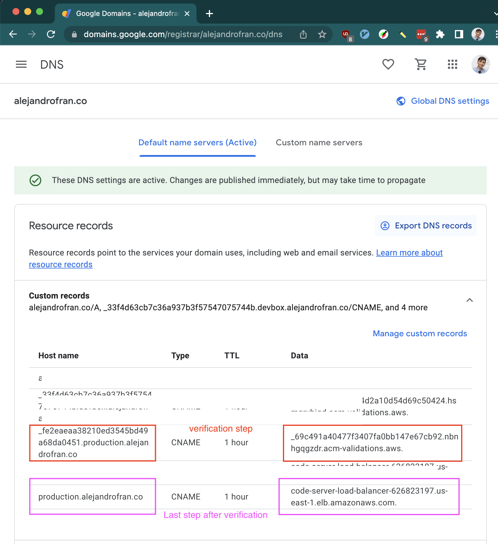 dns records showing two CNAME records one for validation and the other for actual forwarding