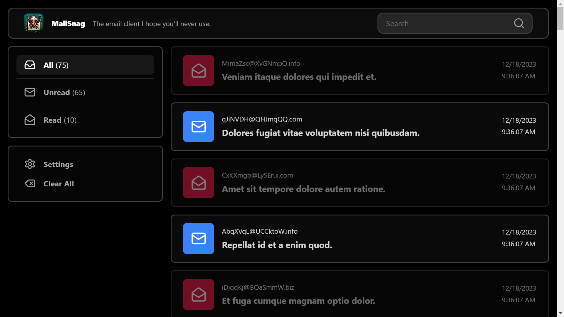 Screenshot of MailSnag in Dark Mode