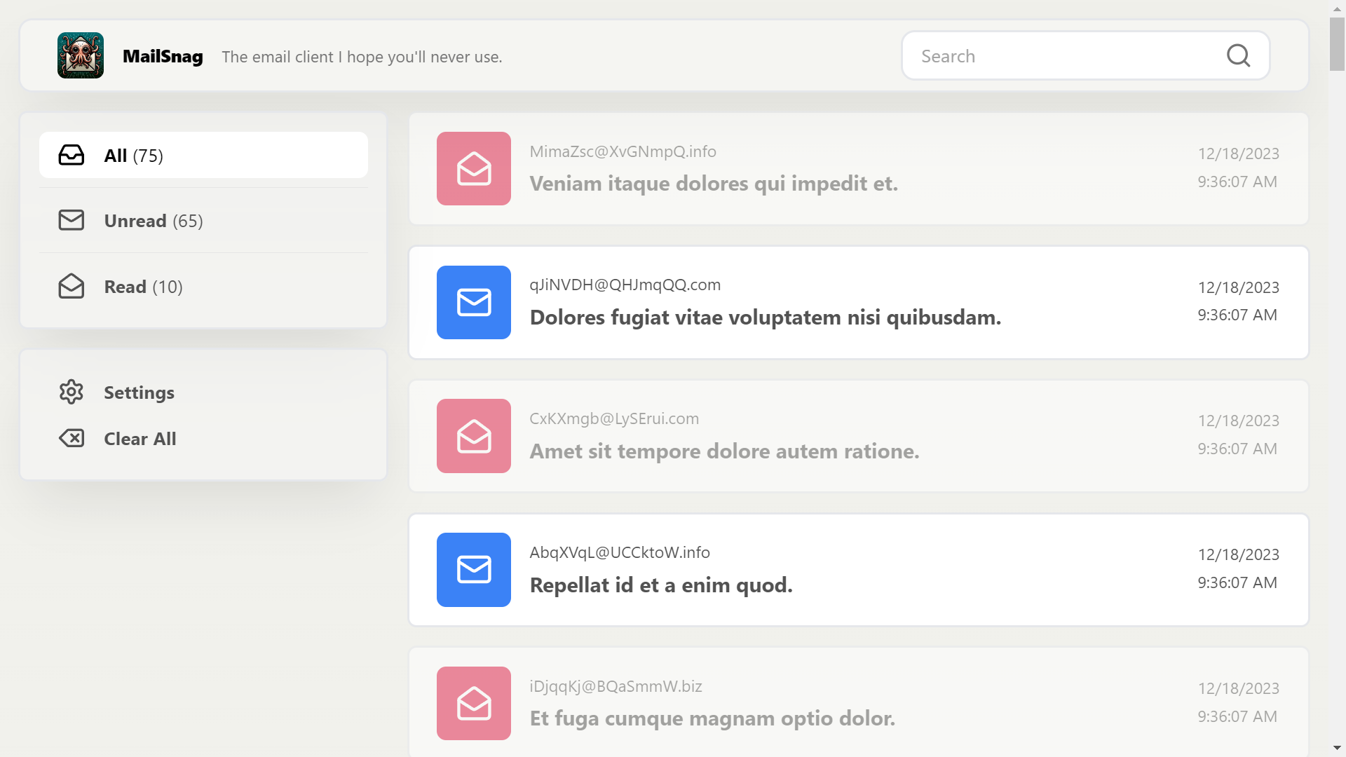 Screenshot of Mailsnag in Light Mode