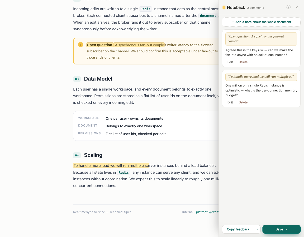 The Noteback sidebar listing comments beside the highlighted document