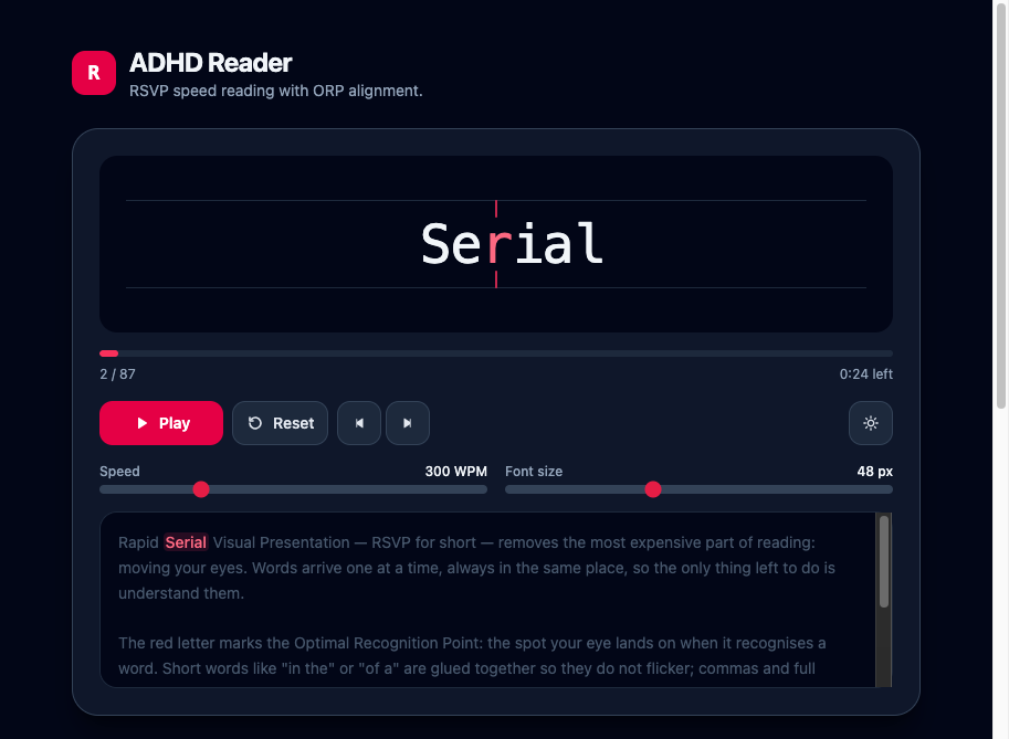 ADHD Reader, dark theme