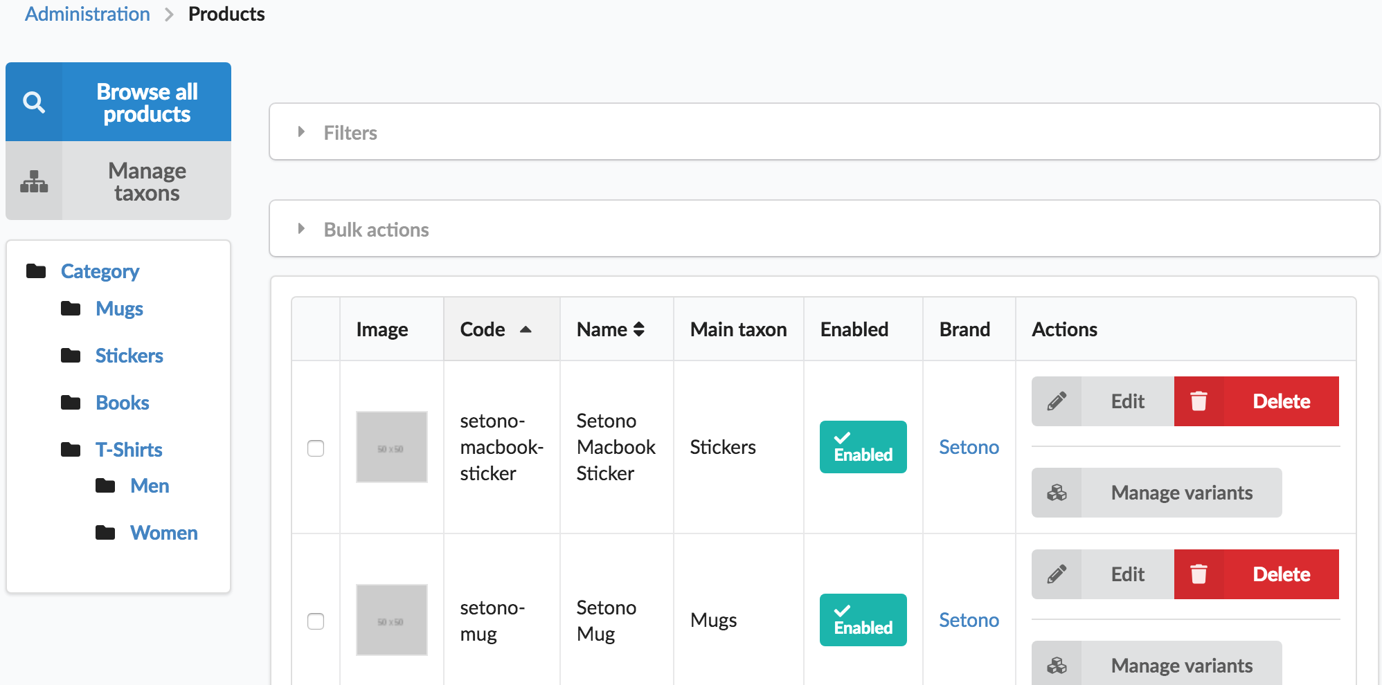 Screenshot showing product admin index page with brand column