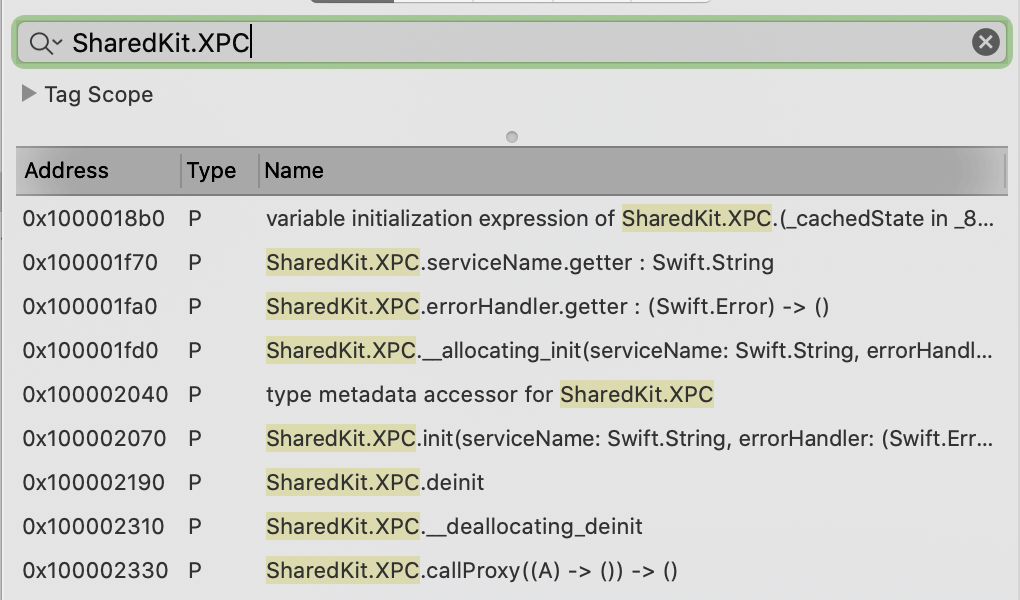 SharedKit symbols in the XPC service