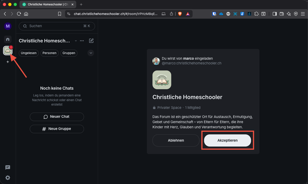 Space Einladung annehmen
