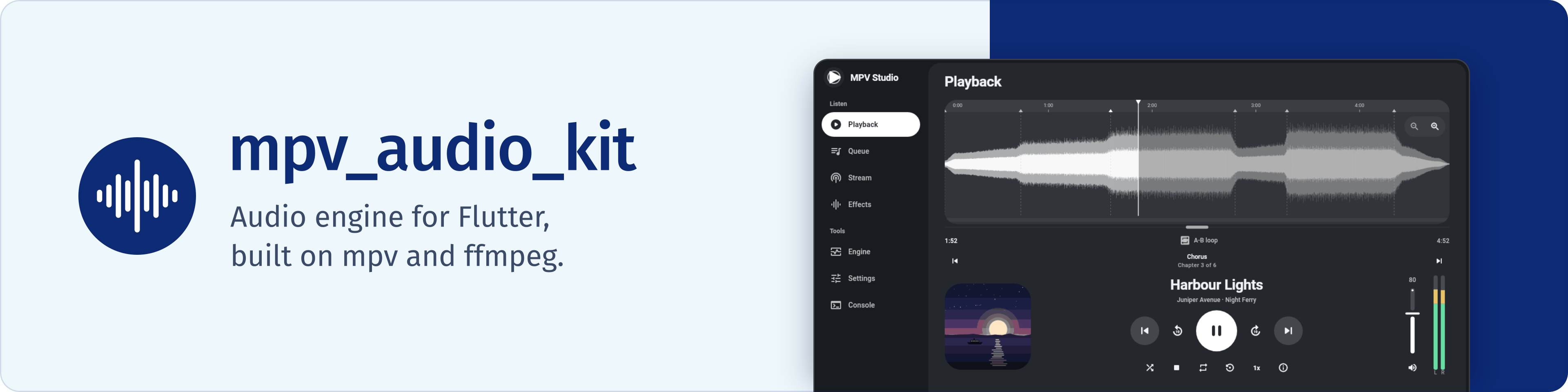 mpv_audio_kit, audio engine for Flutter built on mpv and ffmpeg, shown in the mpv_studio player