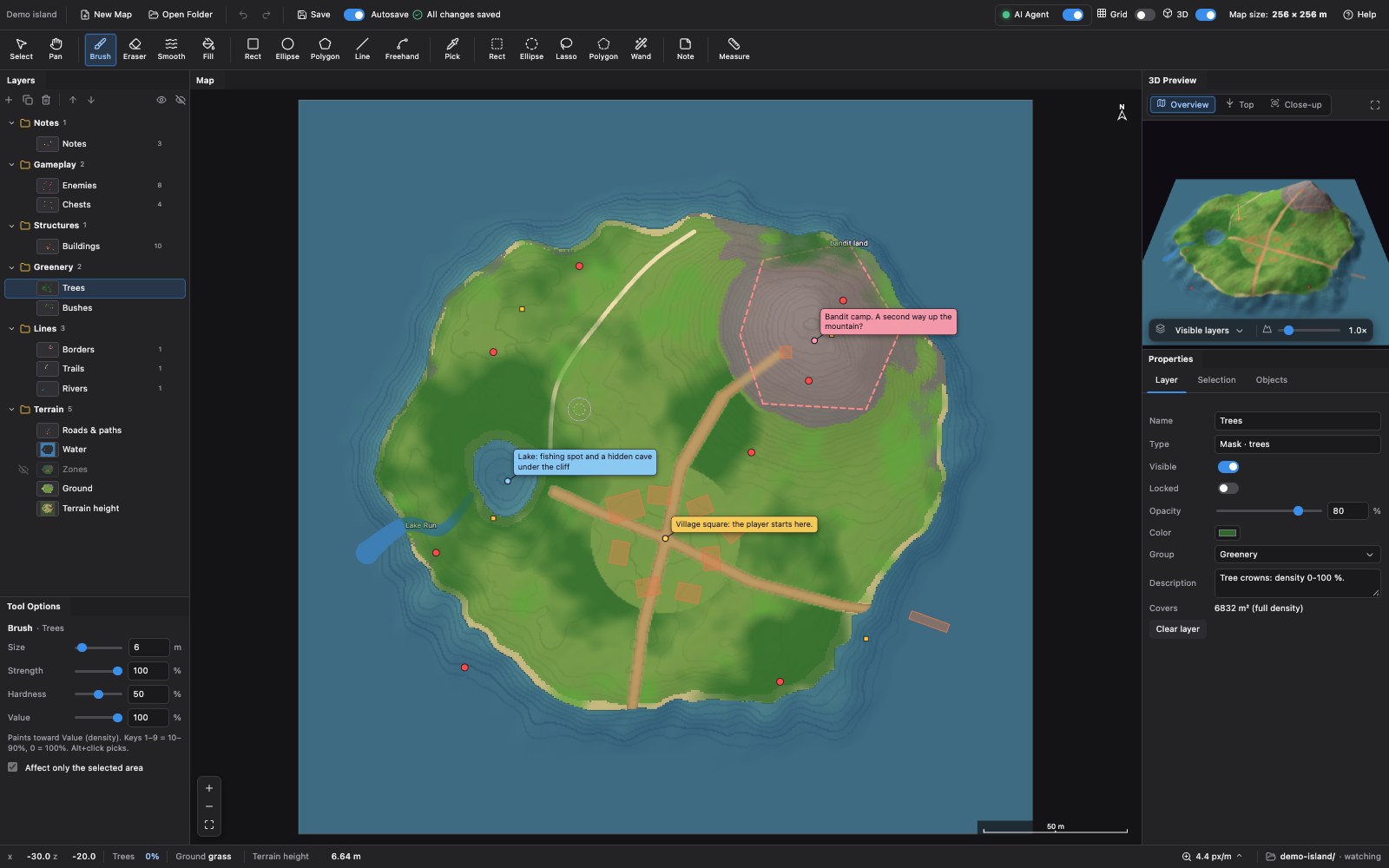 GameWorld Painter with the demo island: layers on the left, the map in the middle, the 3D preview and the layer
properties on the right