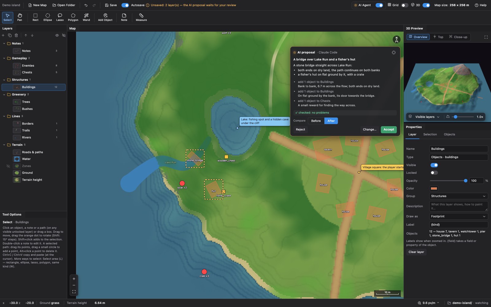 An AI agent's change waiting for review in GameWorld Painter: a bridge and a hut outlined on the map, the agent's text and self-check on a card
