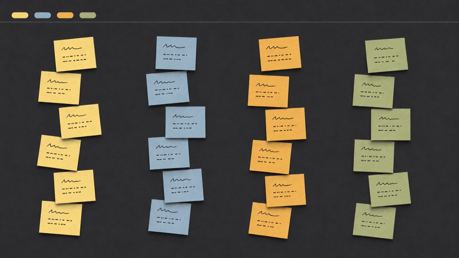 Four columns of paper sticky notes — yellow, blue, amber and green — pinned on a dark wall, each note tilted at its own angle, with a row of small coloured status pills along the top bar.