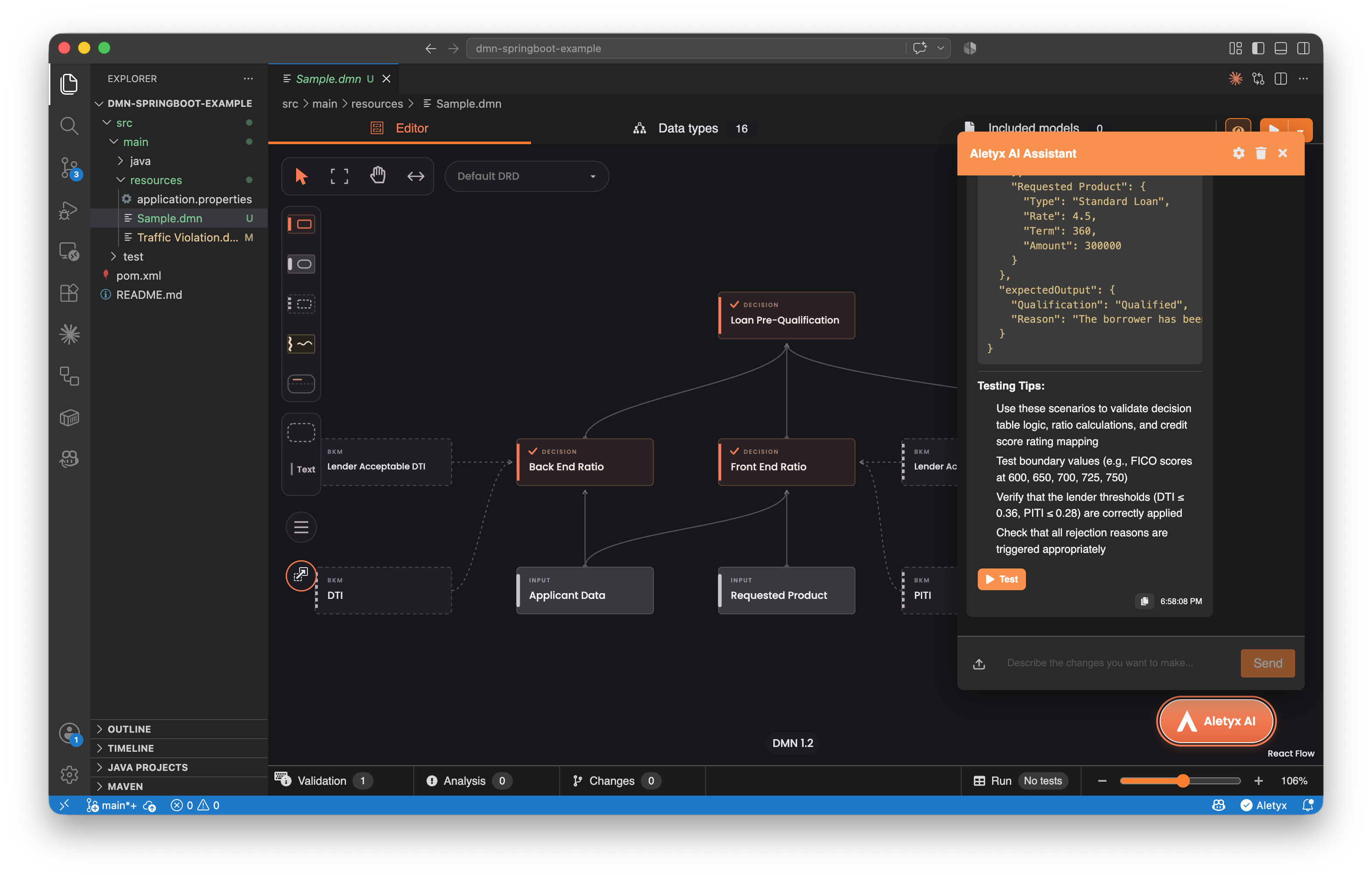 Aletyx AI creating executable test inputs for a DMN model inside VS Code