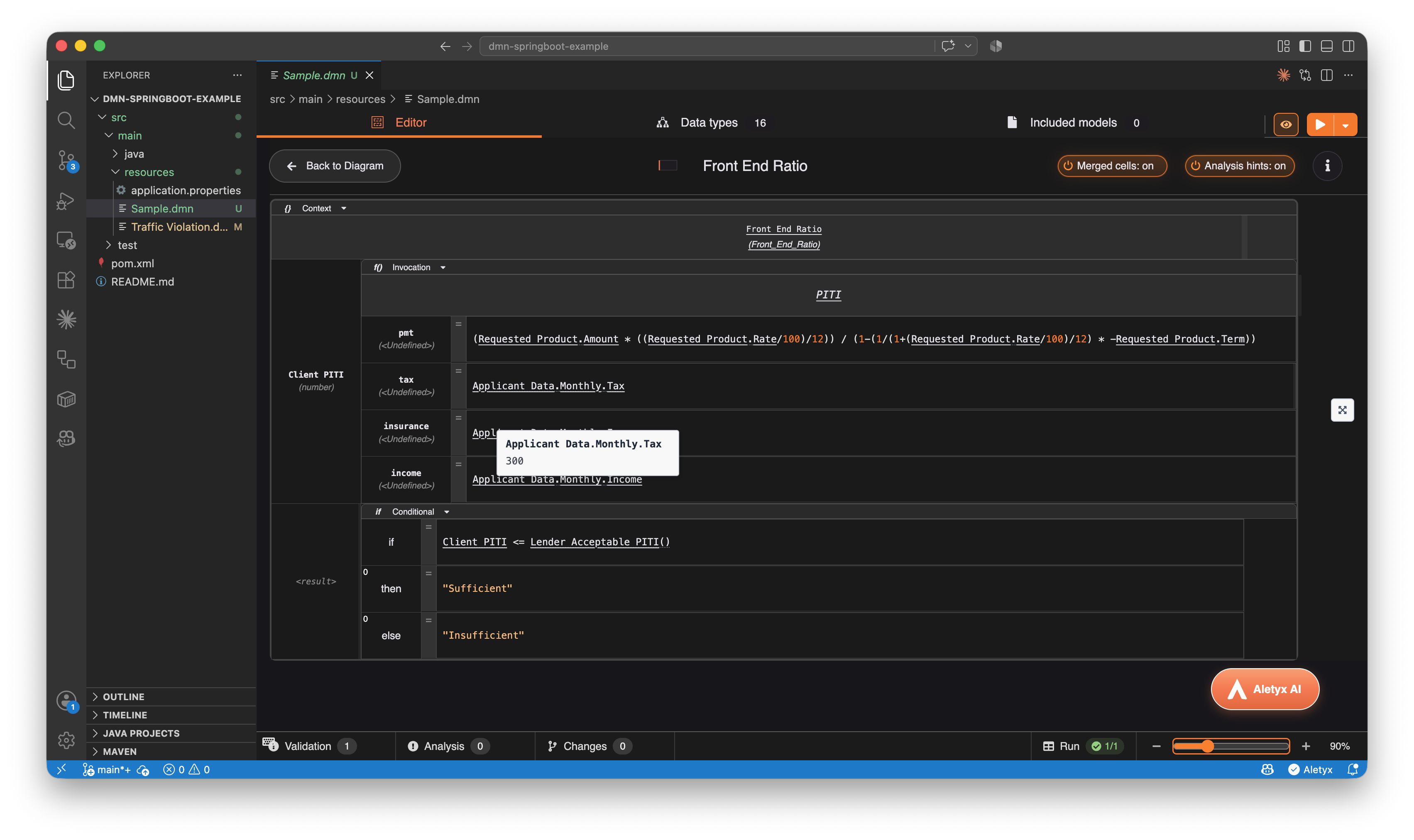 Inspecting a live evaluated value while hovering over a FEEL expression in VS Code