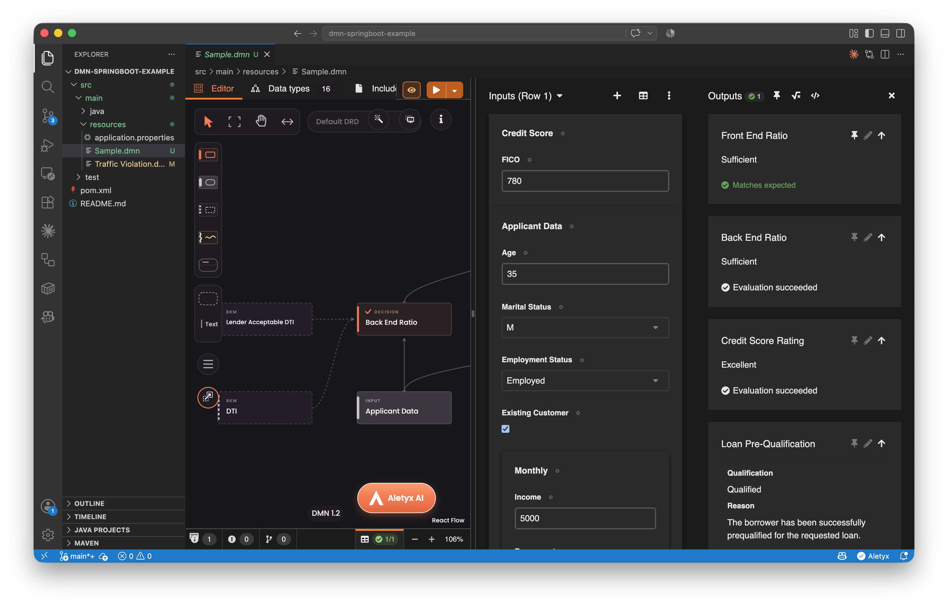 Running a DMN model in VS Code with pinned regression assertions and pass or fail feedback