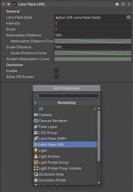 How to add VR Lens flare component to game object