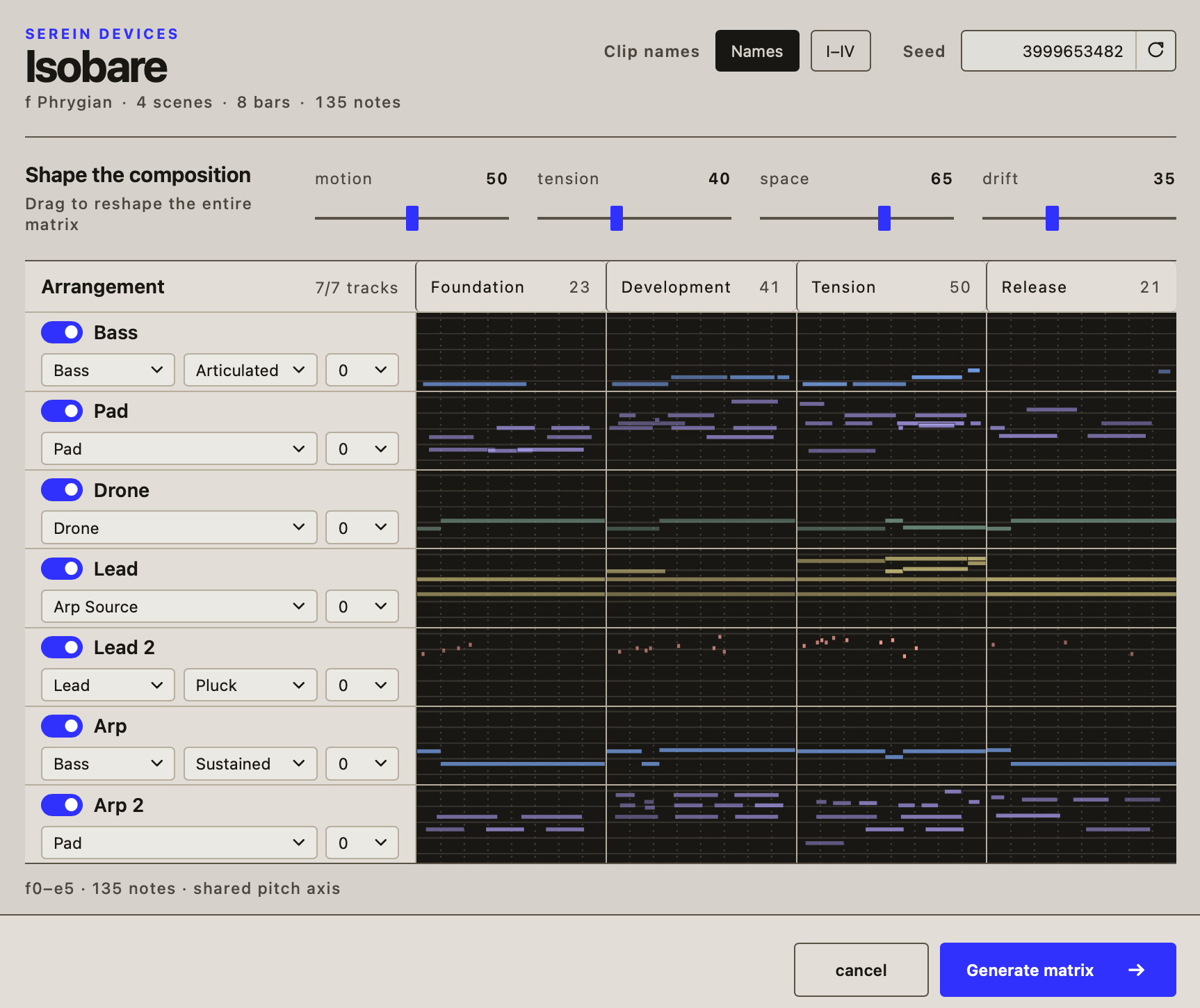 Isobare showing seven MIDI tracks across Foundation, Development, Tension, and Release