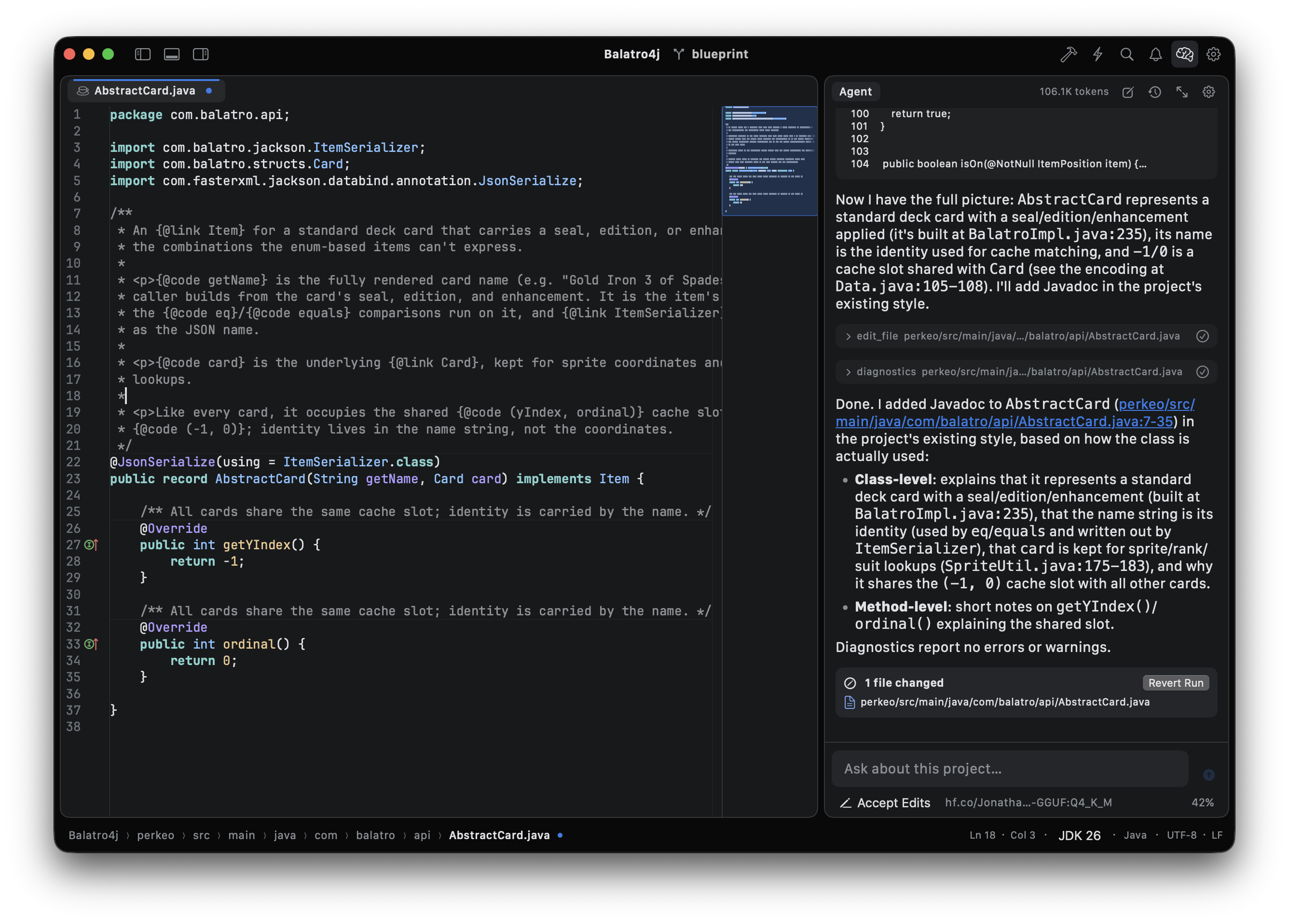 Umbra AI coding agent panel reviewing file edits with accept and revert controls
