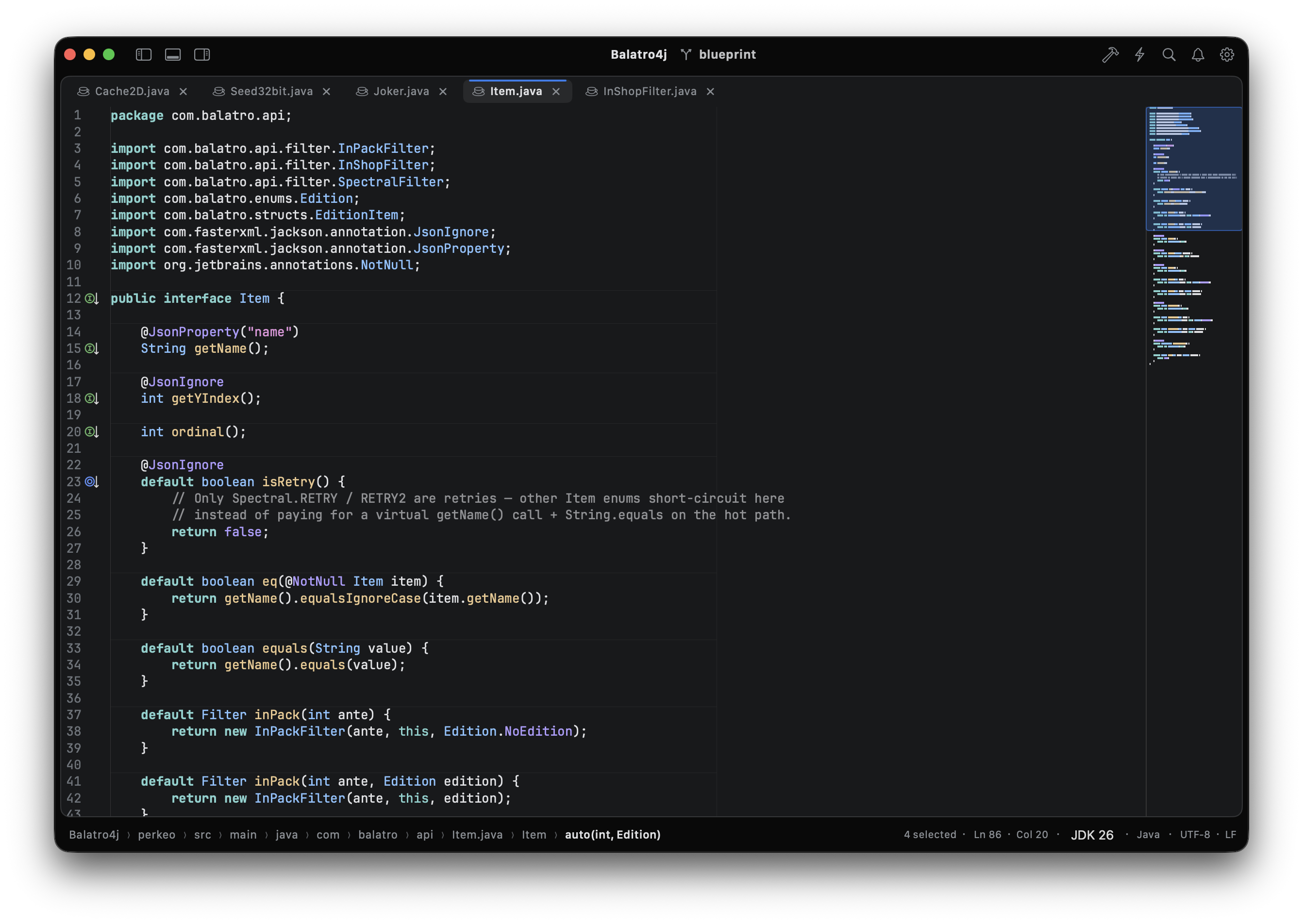 Umbra editing a Java file with project explorer, minimap, and breadcrumbs