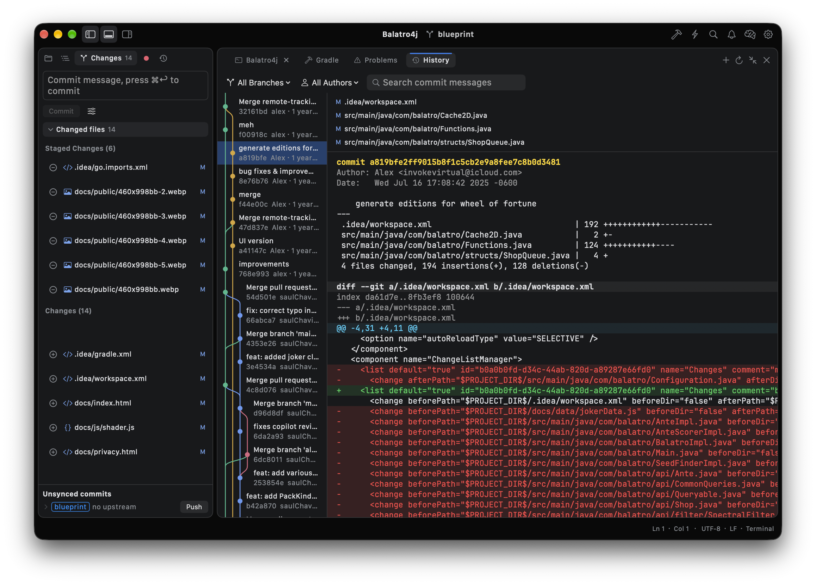 Umbra source control panel with staged changes, commit history, and inline diff
