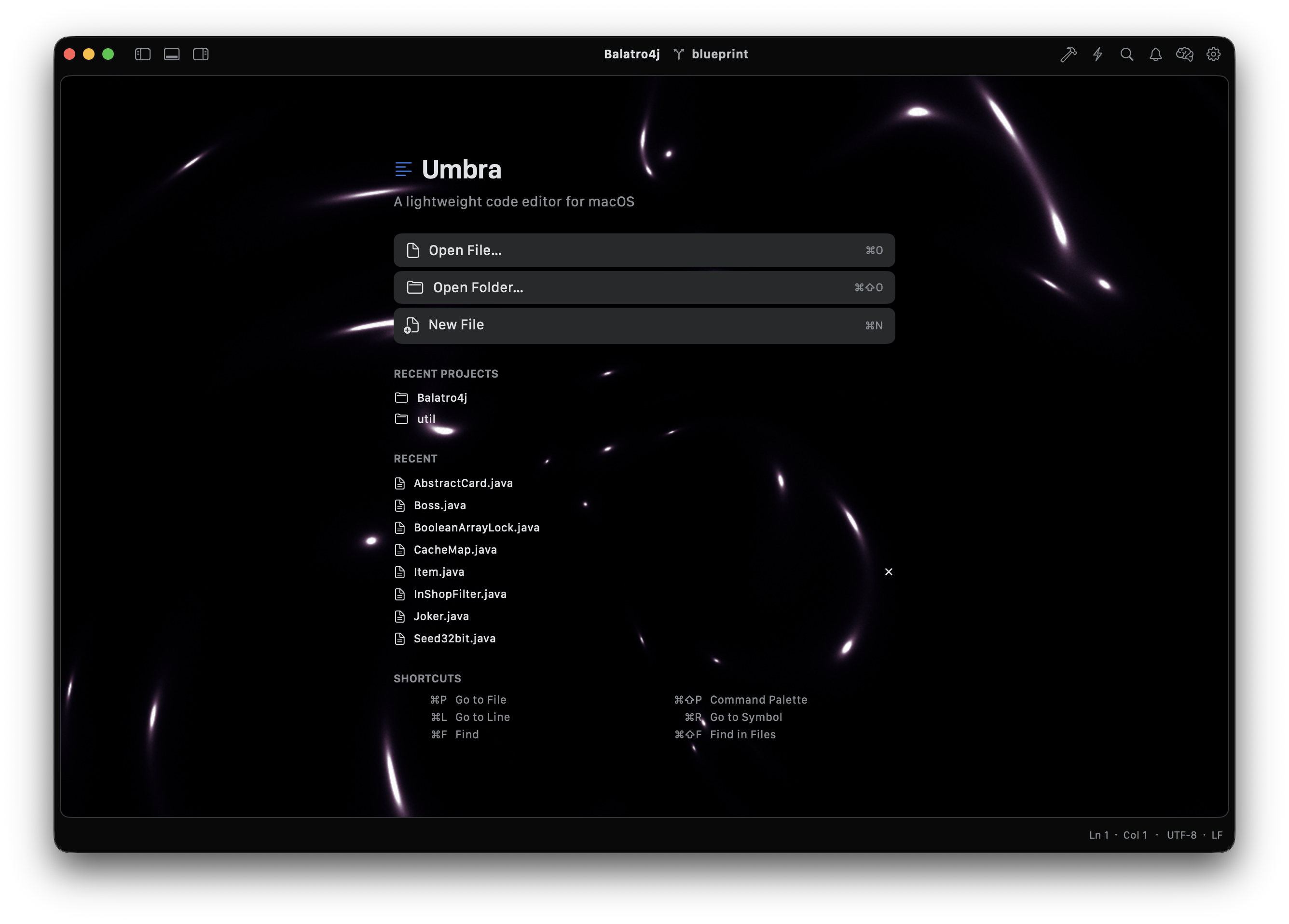 Umbra welcome screen with Open File, Open Folder, and keyboard shortcut hints