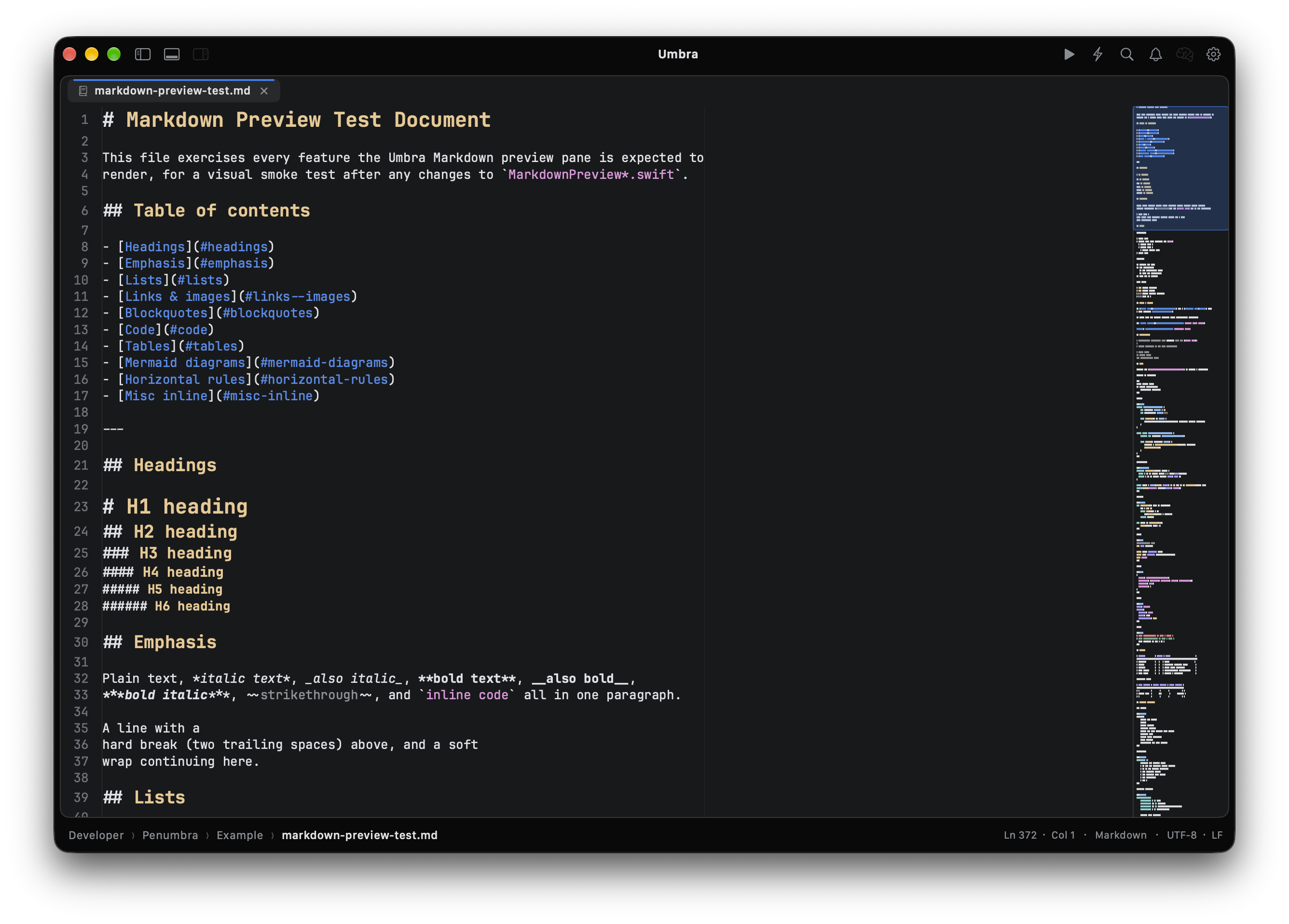 Umbra editing Markdown with side-by-side live preview, syntax highlighting, and minimap