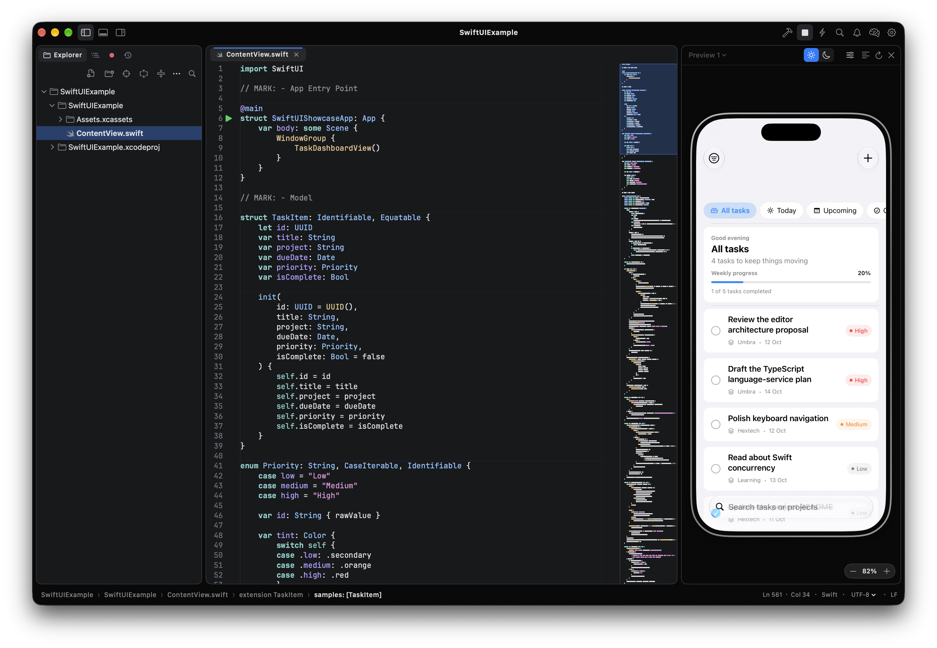 Umbra editing SwiftUI with an iOS Simulator preview in a device frame beside the editor
