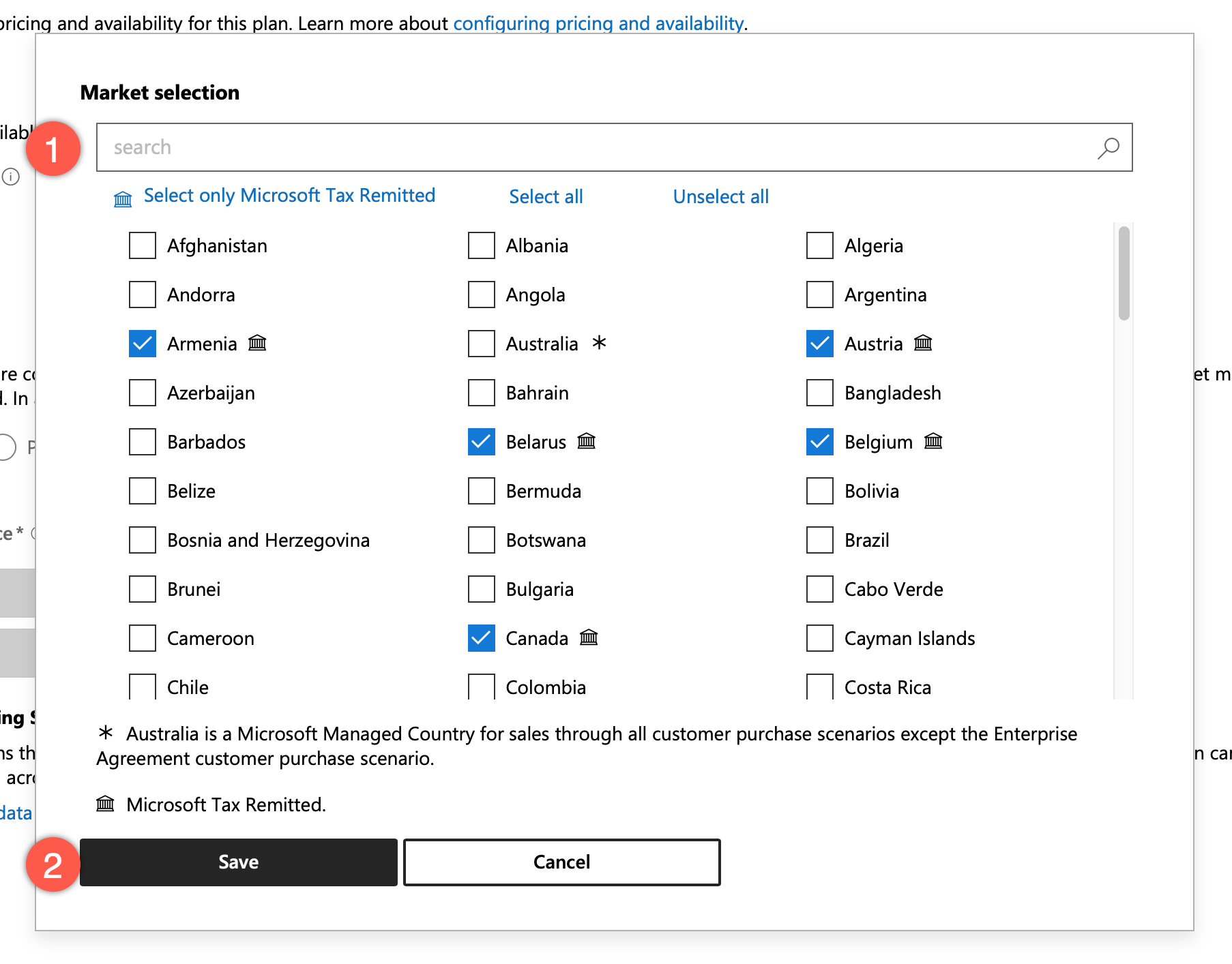 Microsoft Partner Center - Plan Overview - Pricing and Availability - Markets