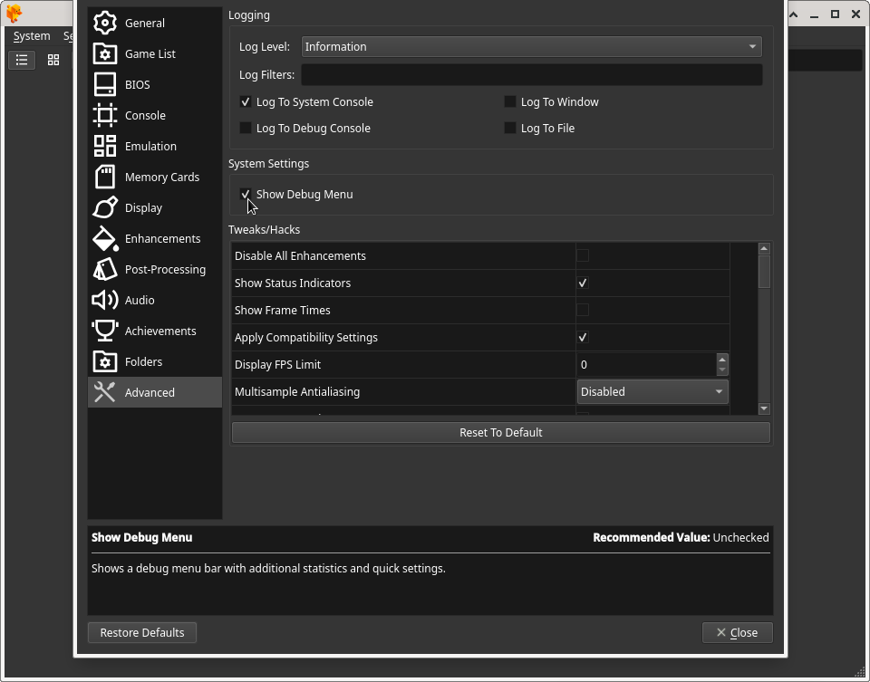 Enable Show Debug Menu Option In DuckStation