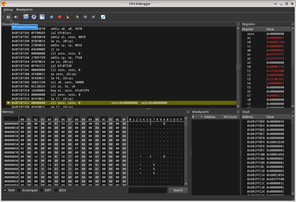 Unpause Emulation In The CPU Debugger Window