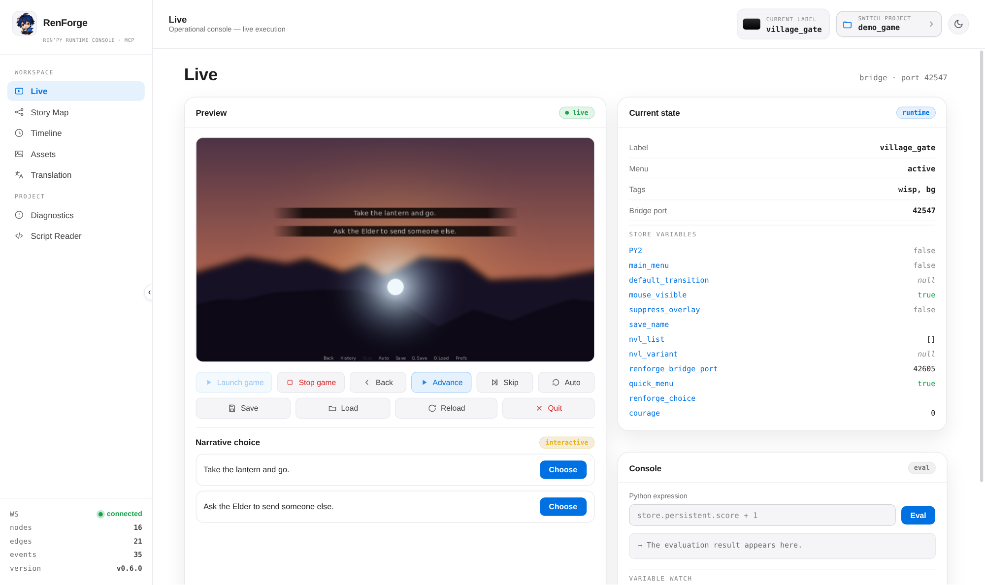 RenForge dashboard — live control of a running game