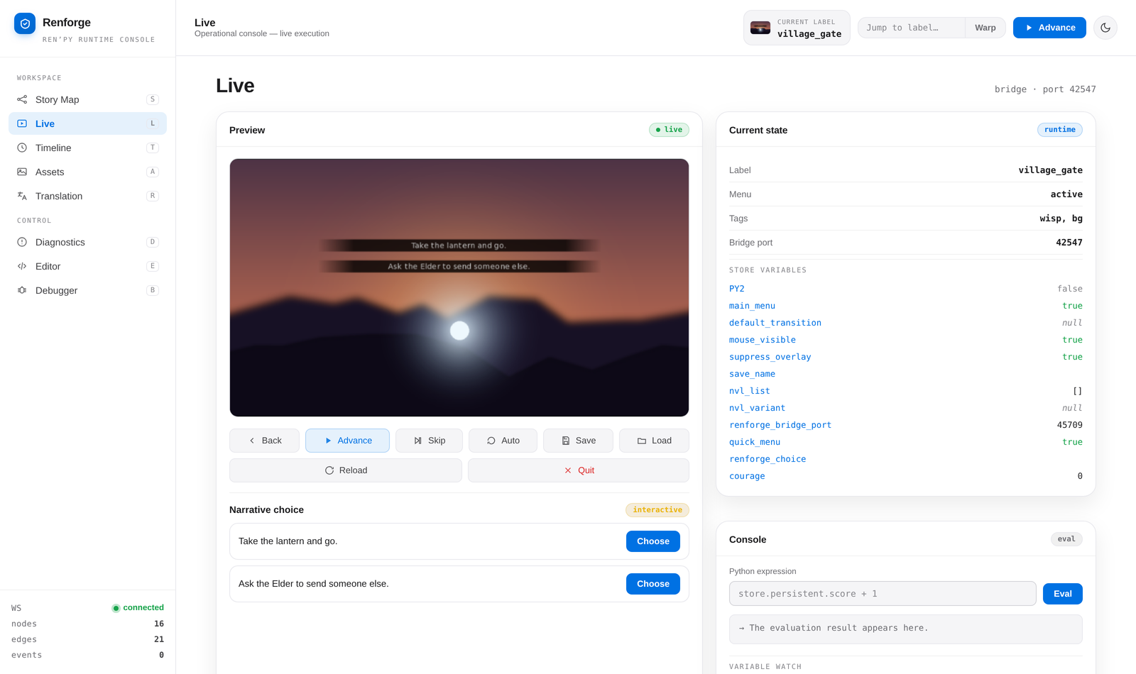 RenForge dashboard — live control of a running game