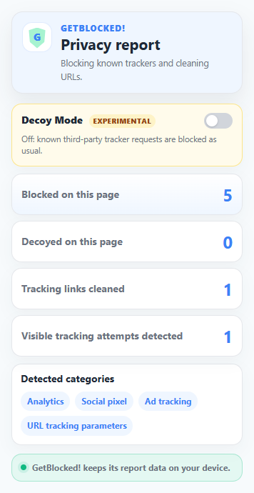 GetBlocked! popup showing normal blocking mode, page counts, and detected tracker categories