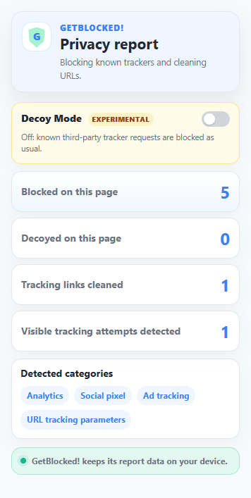 GetBlocked! popup switching between normal blocking and experimental Decoy Mode