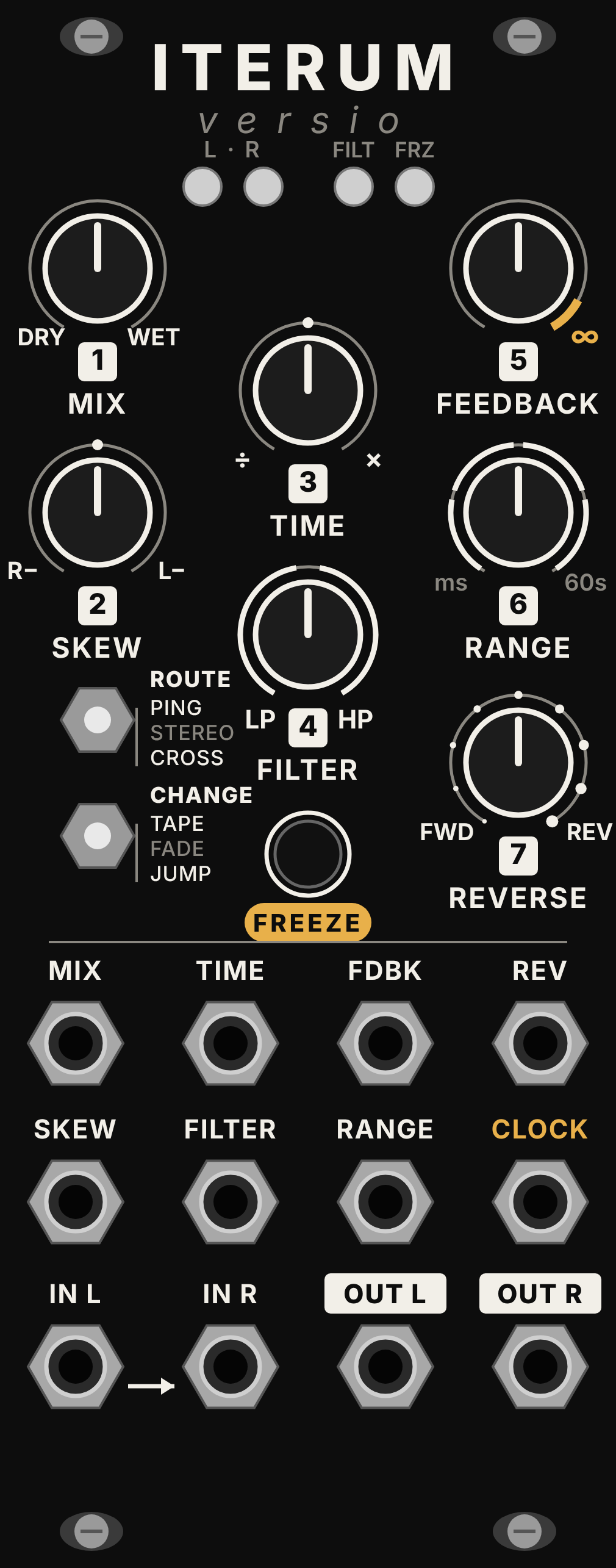 Iterum Versio panel artwork on a black panel showing Mix, Skew, Time, Filter, Feedback, Range and Reverse knobs, Route and Change switches, a Freeze button, CV jacks and the Clock jack