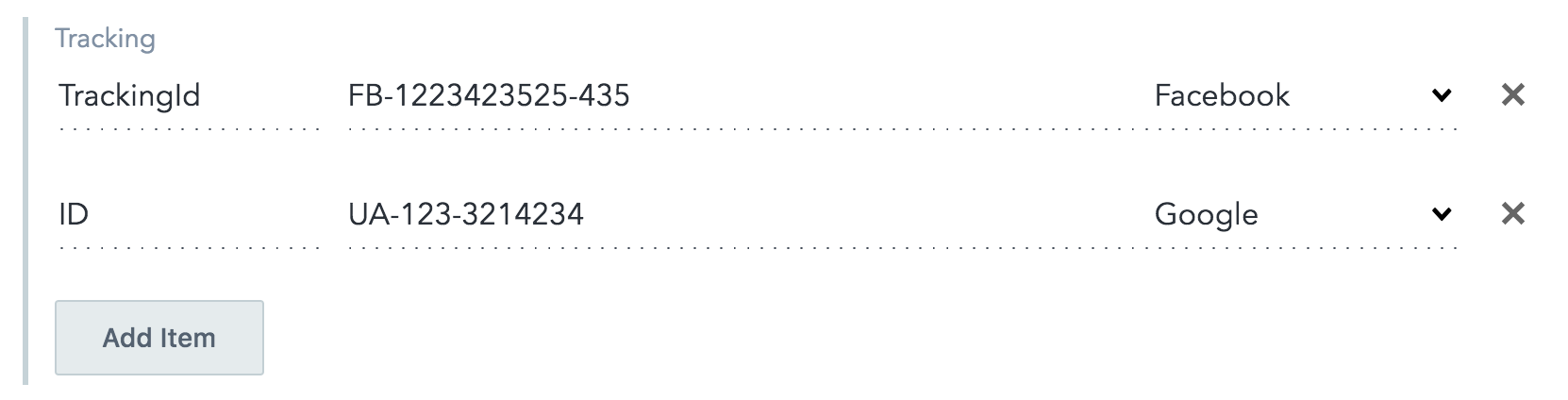 Example of key value pairs with a dropdown