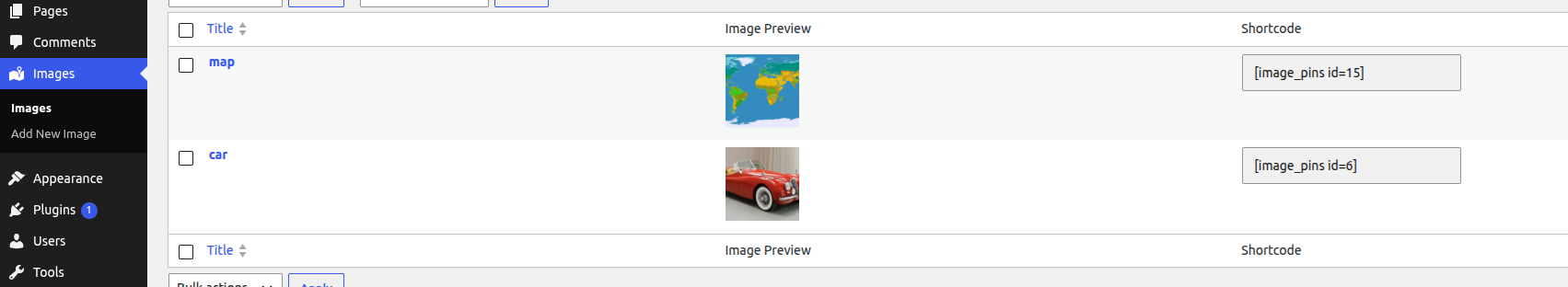 Images list, with a preview and ready-to-copy shortcode for each
