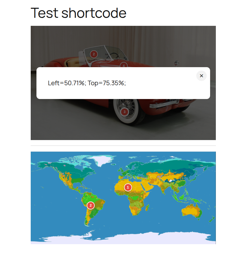 The rendered front end — click a pin to see its popup