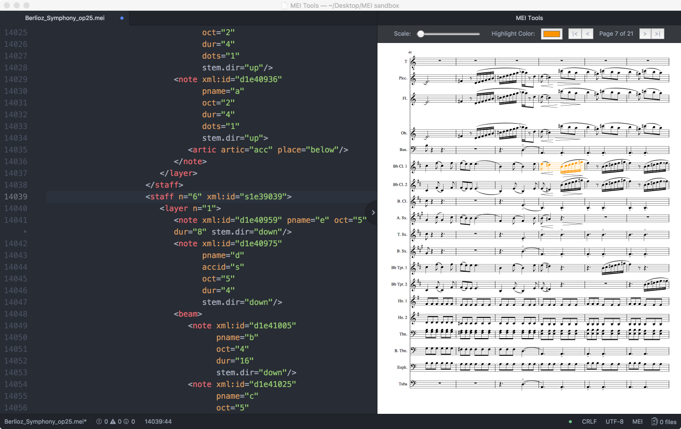 screenshot - Berlioz symphony, paginated, orange highlight