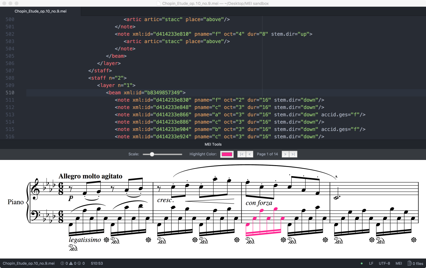 screenshot - Chopin piano etude, paginated, magenta highlight